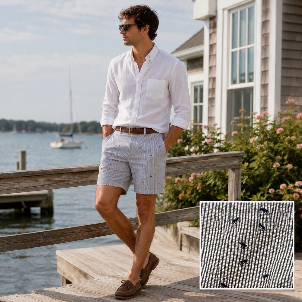 Vtg Brooks Brothers 34 Seersucker Shorts Preppy Y2K Embroidered ANTS Cotton